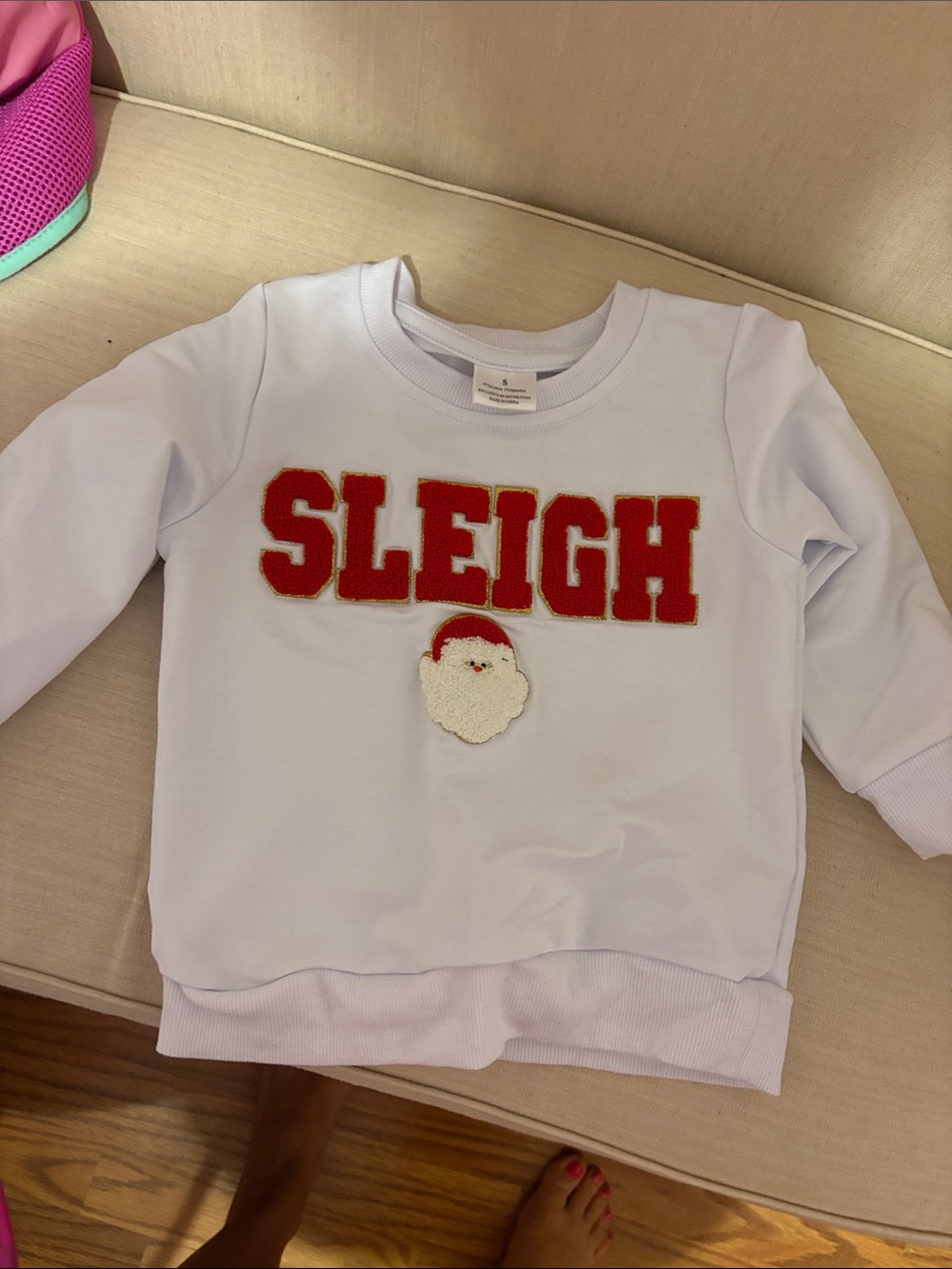 Amazon White Kids Sweatshirt with Red 'SLEIGH' Appliqué and Santa